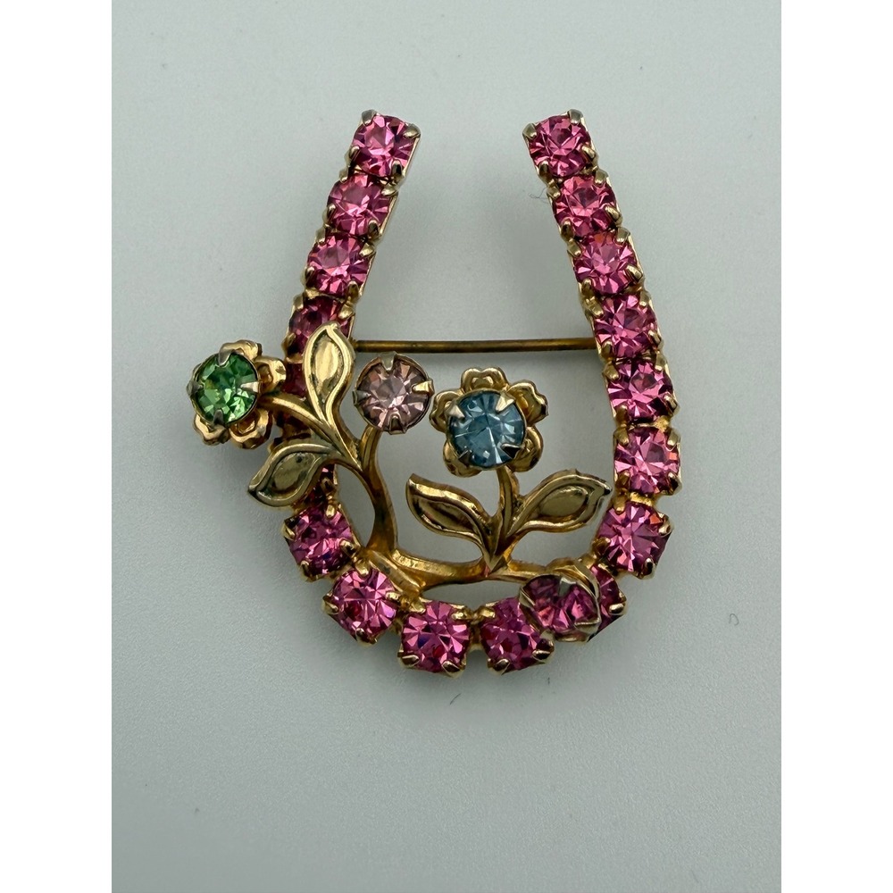 Vintage Gold Tone Pink Rhinestone Horseshoe Flower Brooch Pin Blue Green Floral